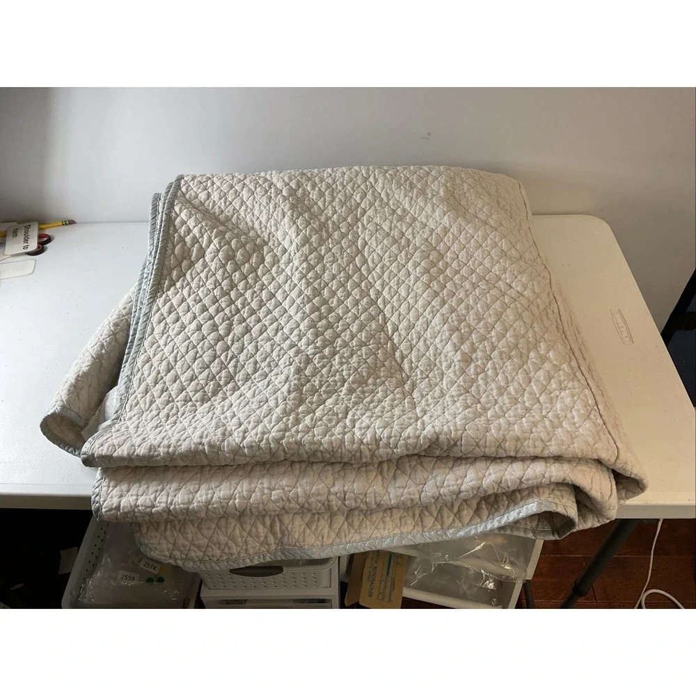 Bella Notte Grey / tan 100% linen Queen quilted coverlet/ bedspread + bed skirt